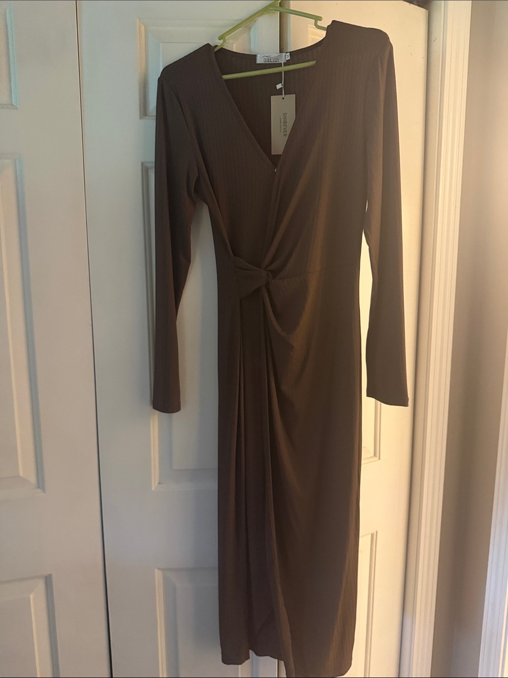 Twist-Front Long Sleeve Midi Dress in Brown